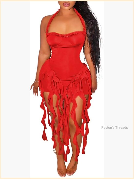 Dresses & Skirts - Sexy Halter Neck Sleeveless Ruffle Tassel Bodycon Mini Dress